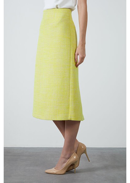 Arkası Yırtmaçlı Midi Tüvit Kumaş Sarı Etek fiyatları