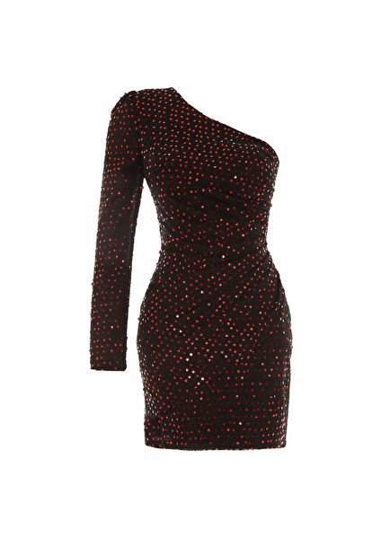 Siyah Pul Payet Tek Kol Kısa Elbise