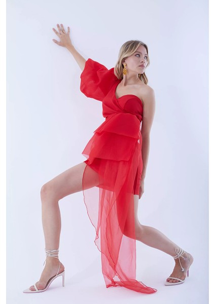 Kırmızı Tül Tek Kol Kısa Elbise