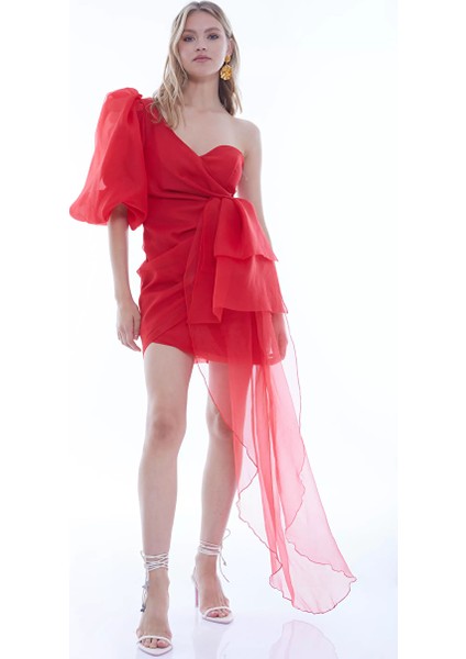 Kırmızı Tül Tek Kol Kısa Elbise fiyatları