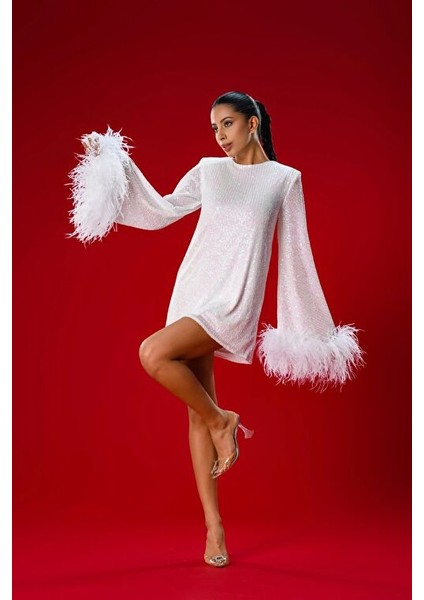 Beyaz Payetli Tüy Detaylı Mini Elbise fiyatları