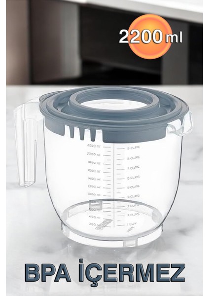 2200ML Çift Kapaklı, Ölçekli Mikser Kabı, Kaymaz, Sıçratmaz