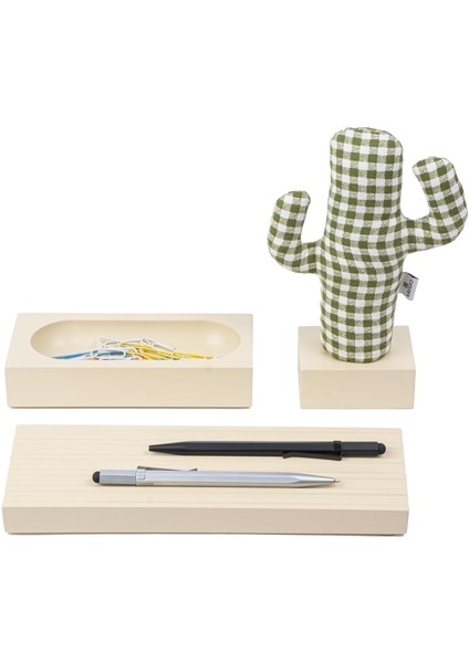 Kayigo Woody Krem Üçlü Ofis Seti - Pötikareli Cactus