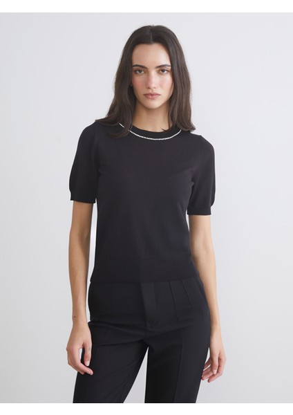 Yeni Sezon Bisiklet Yaka Taşlı Kadın Triko Kazak