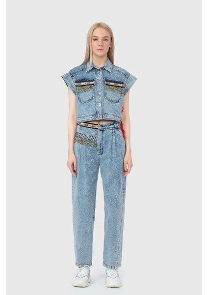 Boncuk ve Etnik Şerit Detaylı Denim Mavi Yelek