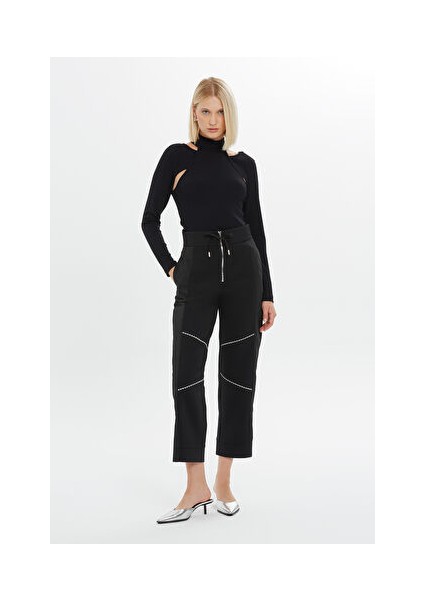 Fermuarlı Işlemeli Boru Paça Siyah Eşofman Altı