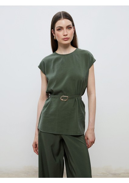 Yeni Sezon Bisiklet Yaka Beli Kemerli Bluz