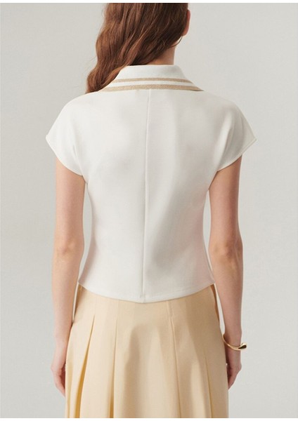 Ekru Düğme Detaylı Polo Yaka Regular Örme Tişört modelleri