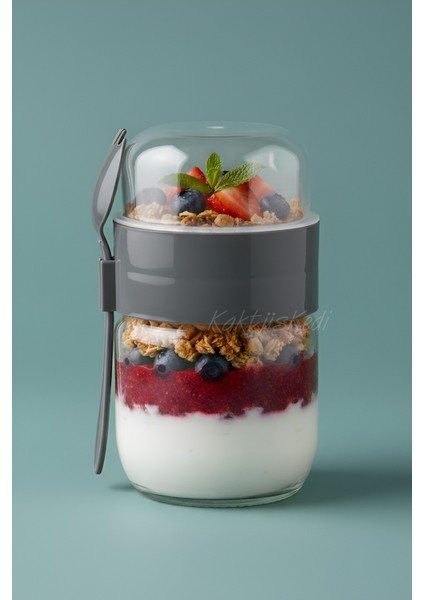 Kaşıklı Çatallı Cam Öğün Bardağı - Yemek Taşıma ve Saklama Kabı - Müsli Kabı 625 ml