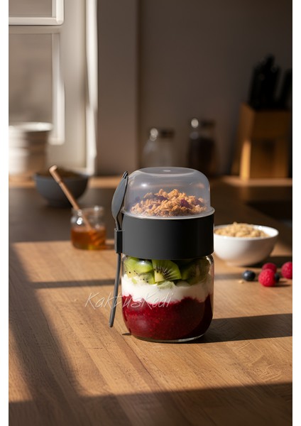 Kaşıklı Çatallı Cam Öğün Bardağı - Yemek Taşıma ve Saklama Kabı - Müsli Kabı 625 ml