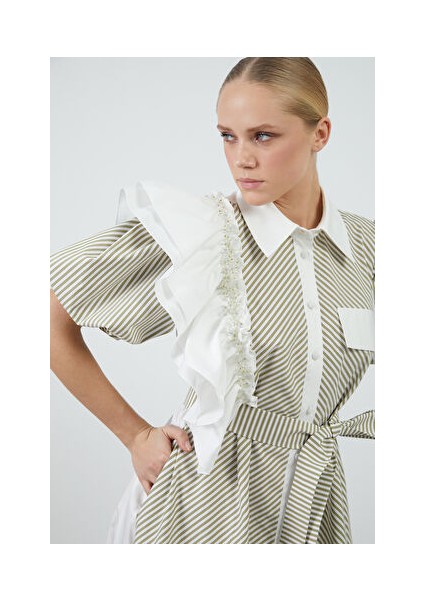 Işleme Detaylı Volanlı Poplin Yeşil Elbise modelleri