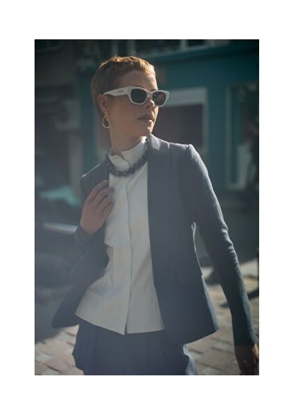 Keten Navy Blazer Ceket Ipek Astarlı