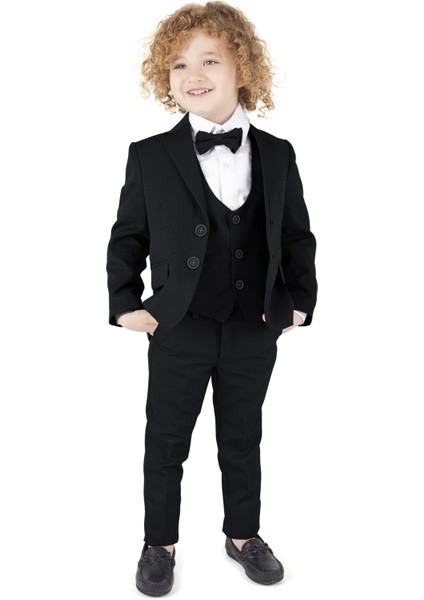 Erkek Çocuk Ceketli Smokin Takım Elbise Ceket, Pantolon, Yelek, Gömlek ve Papyon
