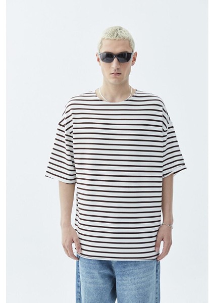 Oversize Çizgili Tişört Kahve