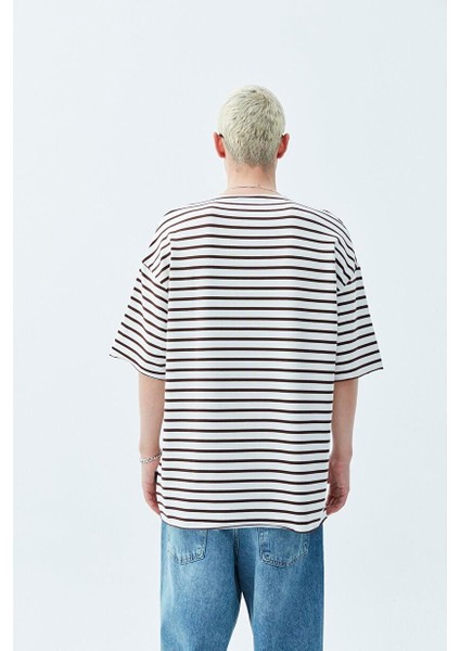Oversize Çizgili Tişört Kahve modelleri