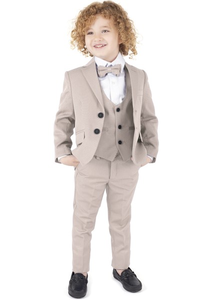 Erkek Çocuk Ceketli Smokin Takım Elbise Ceket, Pantolon, Yelek, Gömlek ve Papyon