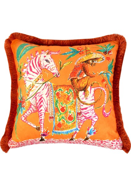 Pembe Zebra Desenli Turuncu Kadife Dekoratif Kırlent Kılıfı 45 x 45 cm