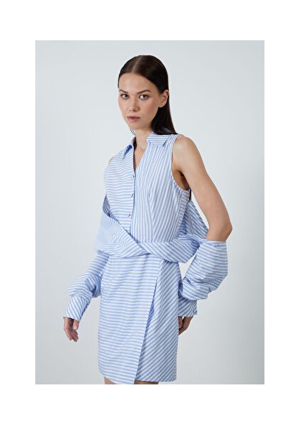 Kolları Dekolteli Çizgili Mini Mavi Elbise fiyatları