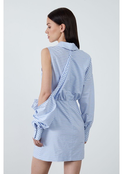 Kolları Dekolteli Çizgili Mini Mavi Elbise fırsatları