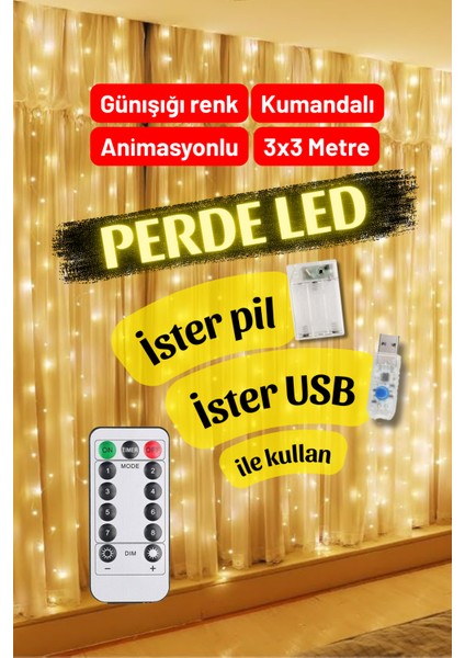 Günışığı Hem Pilli Hem Usbli Kumandalı Animasyonlu Perde LED 3x3 Metre Peri Perde Ledi Dekoratif LED modelleri