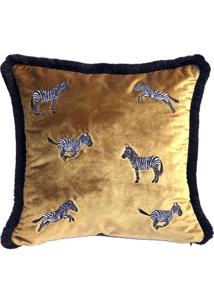 Dekoratif Zebra Nakış Işlemeli Siyah Püsküllü Gold Kadife Yastık Kılıfı 45X45 cm