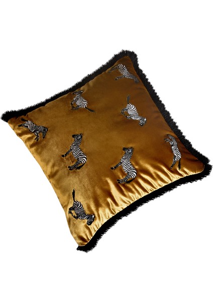 Dekoratif Zebra Nakış Işlemeli Siyah Püsküllü Gold Kadife Yastık Kılıfı 45X45 cm fiyatları