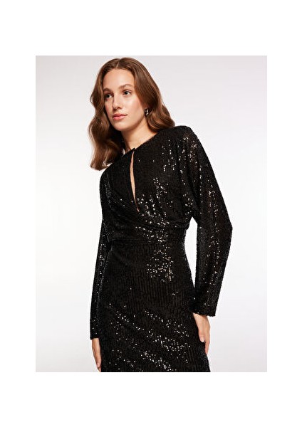 Bisiklet Yaka Payetli Siyah Mini Kadın Elbise F3WL-ELB13 fırsatları