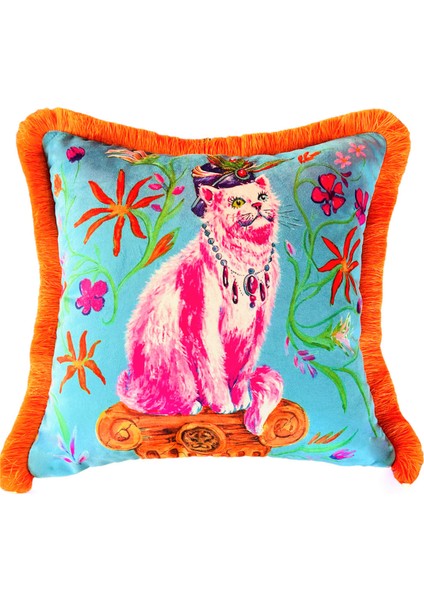 Van Kedisi Desenli Yeşil Kadife Dekoratif Kırlent Kılıfı 45 x 45 cm