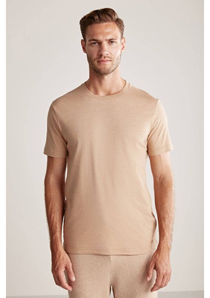 Kaşmir Karışım Bisiklet Yaka Camel T-Shirt