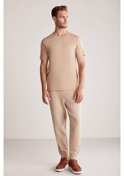 Kaşmir Karışım Bisiklet Yaka Camel T-Shirt indirimleri