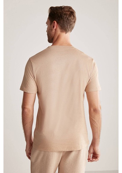 Kaşmir Karışım Bisiklet Yaka Camel T-Shirt