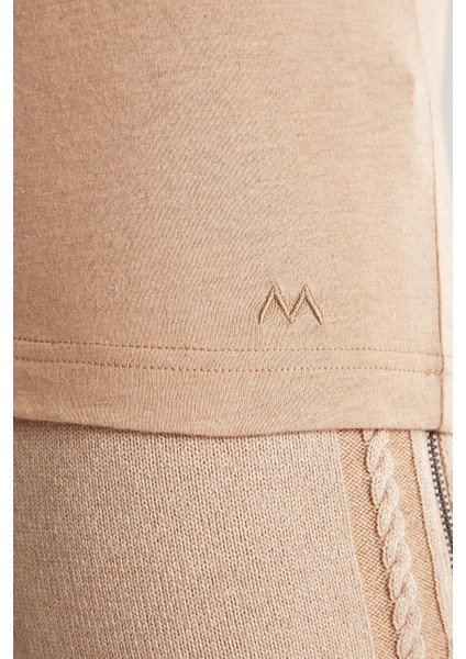 Kaşmir Karışım Bisiklet Yaka Camel T-Shirt