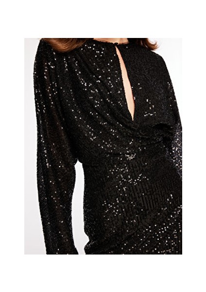 Bisiklet Yaka Payetli Siyah Mini Kadın Elbise F3WL-ELB13