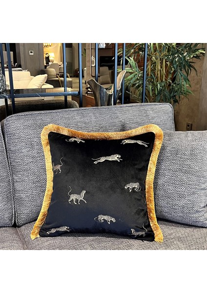 Dekoratif Leopar Desenli Siyah Kadife Kırlent Kılıfı 45 x 45 cm fiyatları