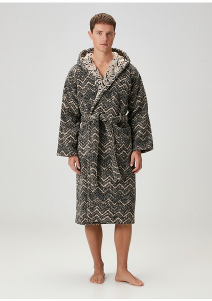 Azul Kapüşonlu Desenli Bornoz