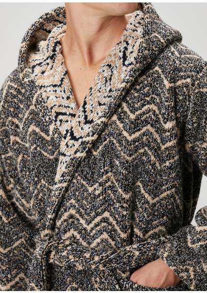 Azul Kapüşonlu Desenli Bornoz