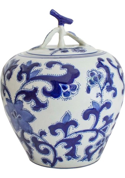 Bleu Blanc 9525-4 Lacivert Desenli Oval Kapaklı Seramik Vazo