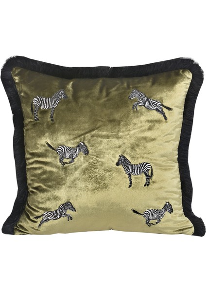 Dekoratif Zebra Nakış Işlemeli Siyah Püsküllü Yeşil Kadife Yastık Kılıfı 45X45 cm