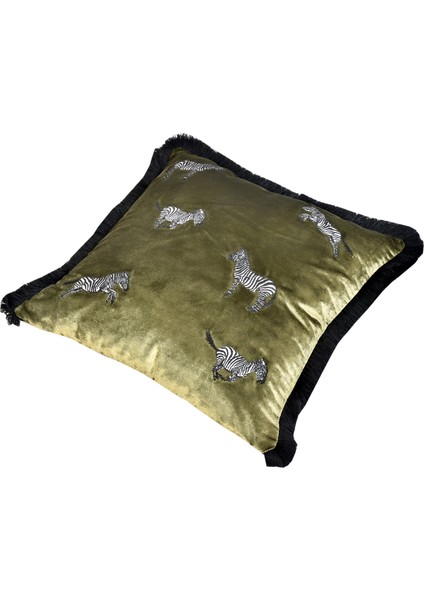 Dekoratif Zebra Nakış Işlemeli Siyah Püsküllü Yeşil Kadife Yastık Kılıfı 45X45 cm fiyatları