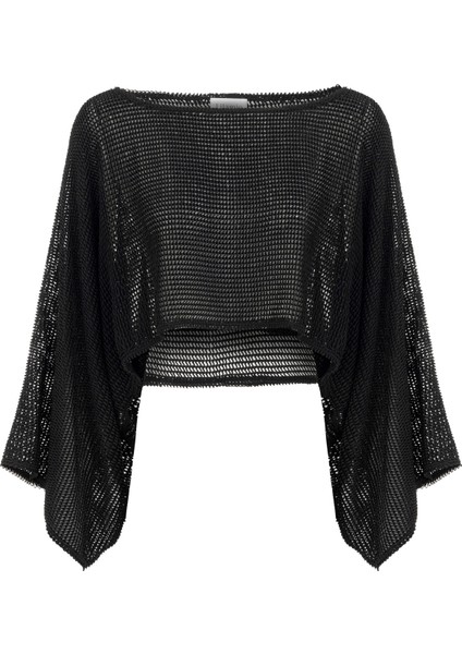 Carmen Siyah Fileli Kayık Yaka Bol Kesim Uzun Kollu Kadın Crop Bluz