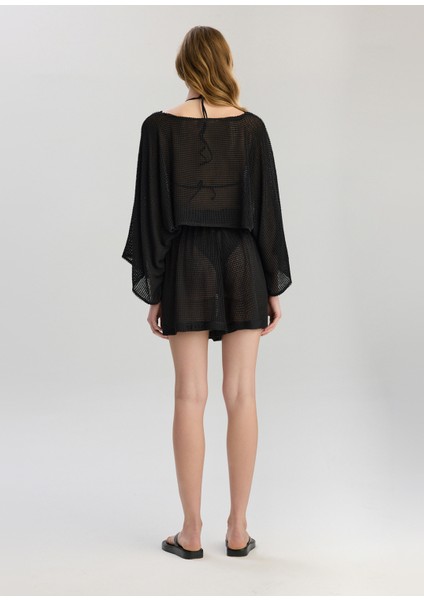 Carmen Siyah Fileli Kayık Yaka Bol Kesim Uzun Kollu Kadın Crop Bluz modelleri