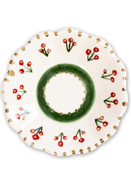 Xmas Cherry Berry Yeşil Handmade Seramik Çay Tabağı