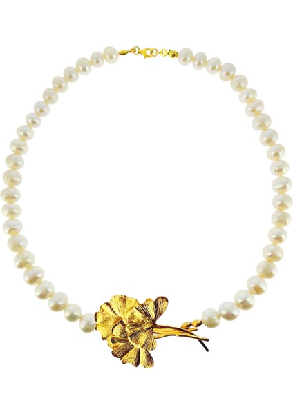 Ginkgo Dalları Inci 925 Ayar Gümüş Üzeri 22 Ayar Altın Kaplama Kadın Kolye