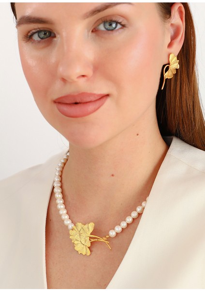 Ginkgo Dalları Inci 925 Ayar Gümüş Üzeri 22 Ayar Altın Kaplama Kadın Kolye fiyatları