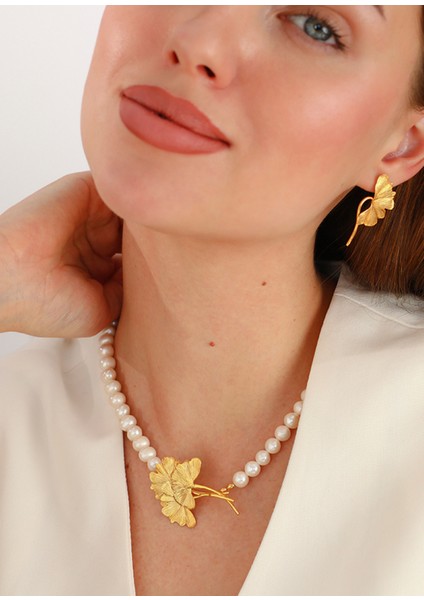 Ginkgo Dalları Inci 925 Ayar Gümüş Üzeri 22 Ayar Altın Kaplama Kadın Kolye modelleri