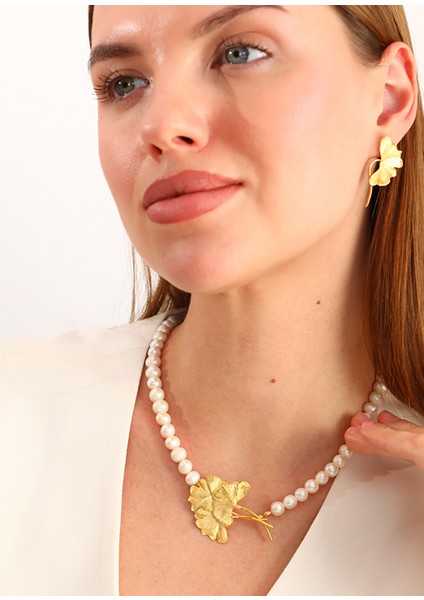 Ginkgo Dalları Inci 925 Ayar Gümüş Üzeri 22 Ayar Altın Kaplama Kadın Kolye indirimleri