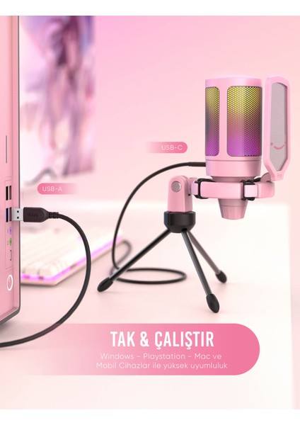 Ampligame A6VP Rgb USB Pembe Mikrofon