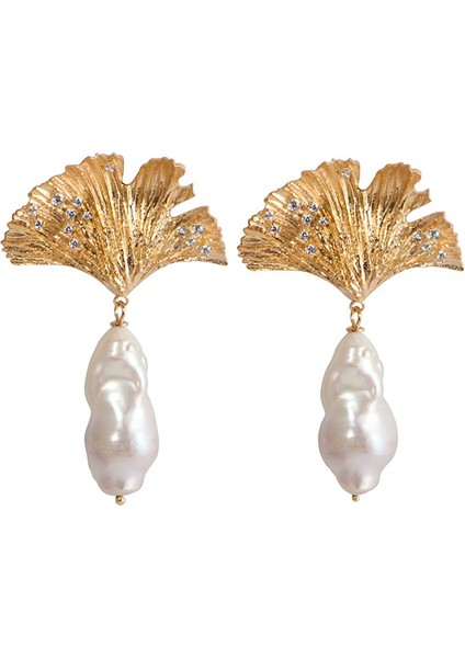 Ginkgo Leaf Baroque Pearl Earrings Altın Kaplama Kadın Küpe