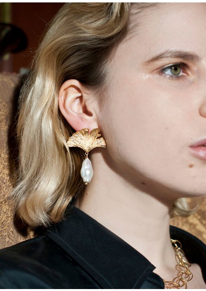 Ginkgo Leaf Baroque Pearl Earrings Altın Kaplama Kadın Küpe fiyatları