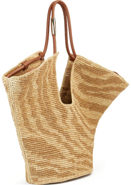 Krem Bej Desenli Kadın Rafya Plaj Çantası modelleri